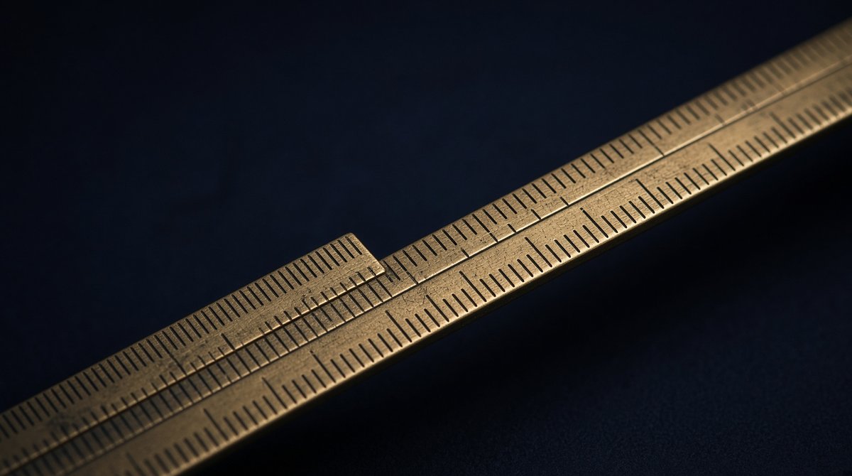 A short brass vernier scale resting on a longer engraved rule, their graduations meeting